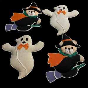 VTG 90s Halloween Fridge Magnets 100% Cotton Ghost Witch Bear Primitive 4” S/4